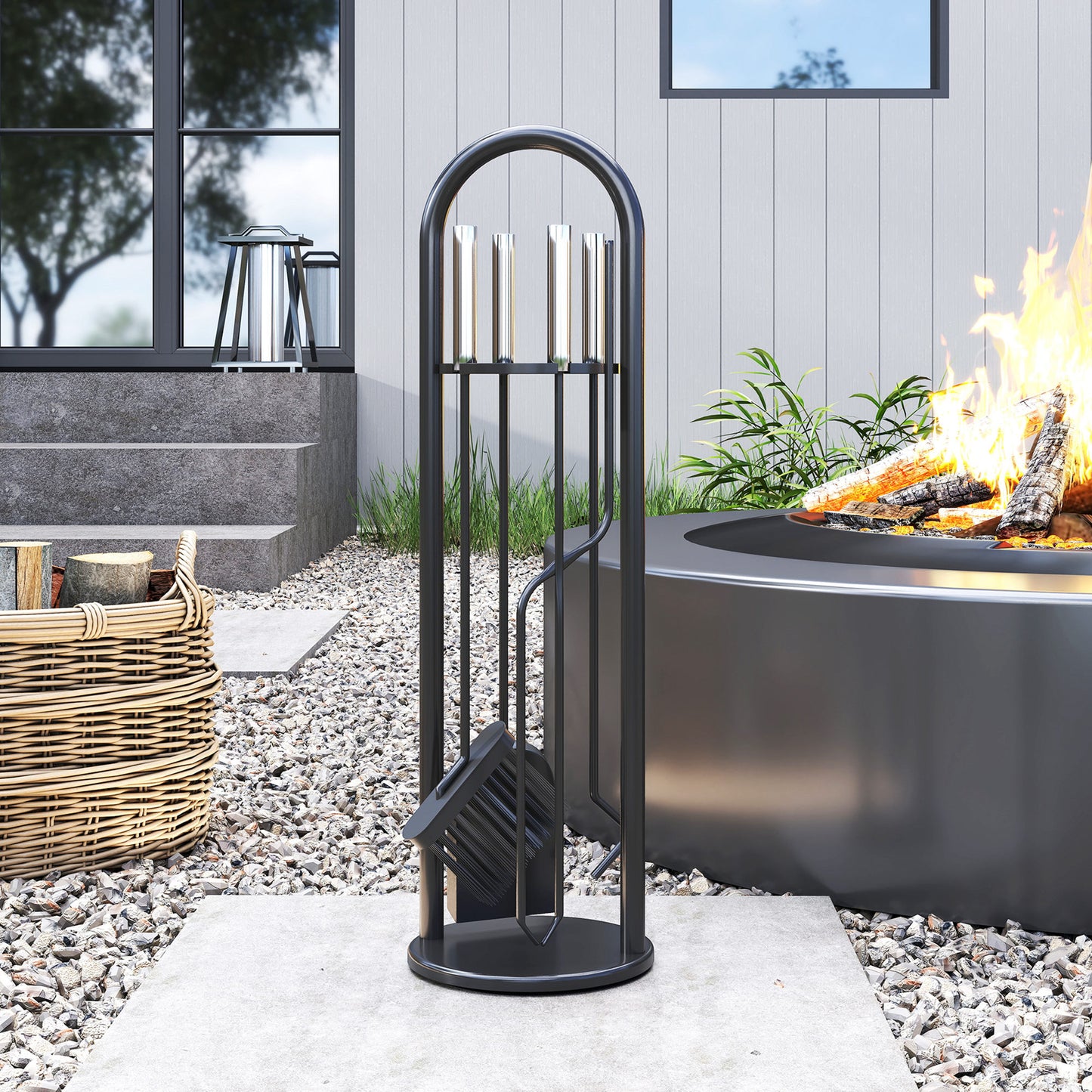 5 Pieces Fireplace Tools Set, Metal Fireplace Accessories Fireside Companion Set with Broom, Shovel, Poker and Bucket, Silver