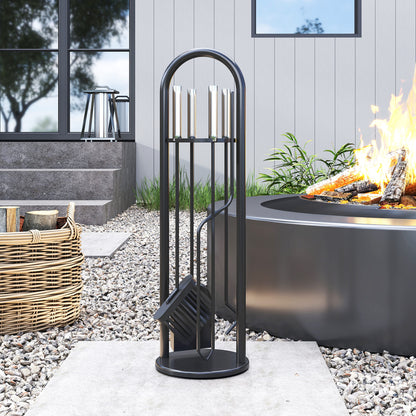 5 Pieces Fireplace Tools Set, Metal Fireplace Accessories Fireside Companion Set with Broom, Shovel, Poker and Bucket, Silver