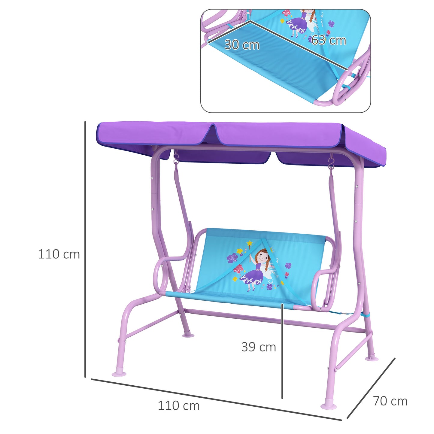 Two Seater Kids Garden Swing, Fairy Themed kids Swing Chair with Adjustable Canopy, Safety Belts for Outdoor Use