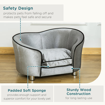 Dog Sofa Pet Chair, Kitten Bed Couch w/ Wooden Frame, Removable Cushion - Silver-Tone and Grey