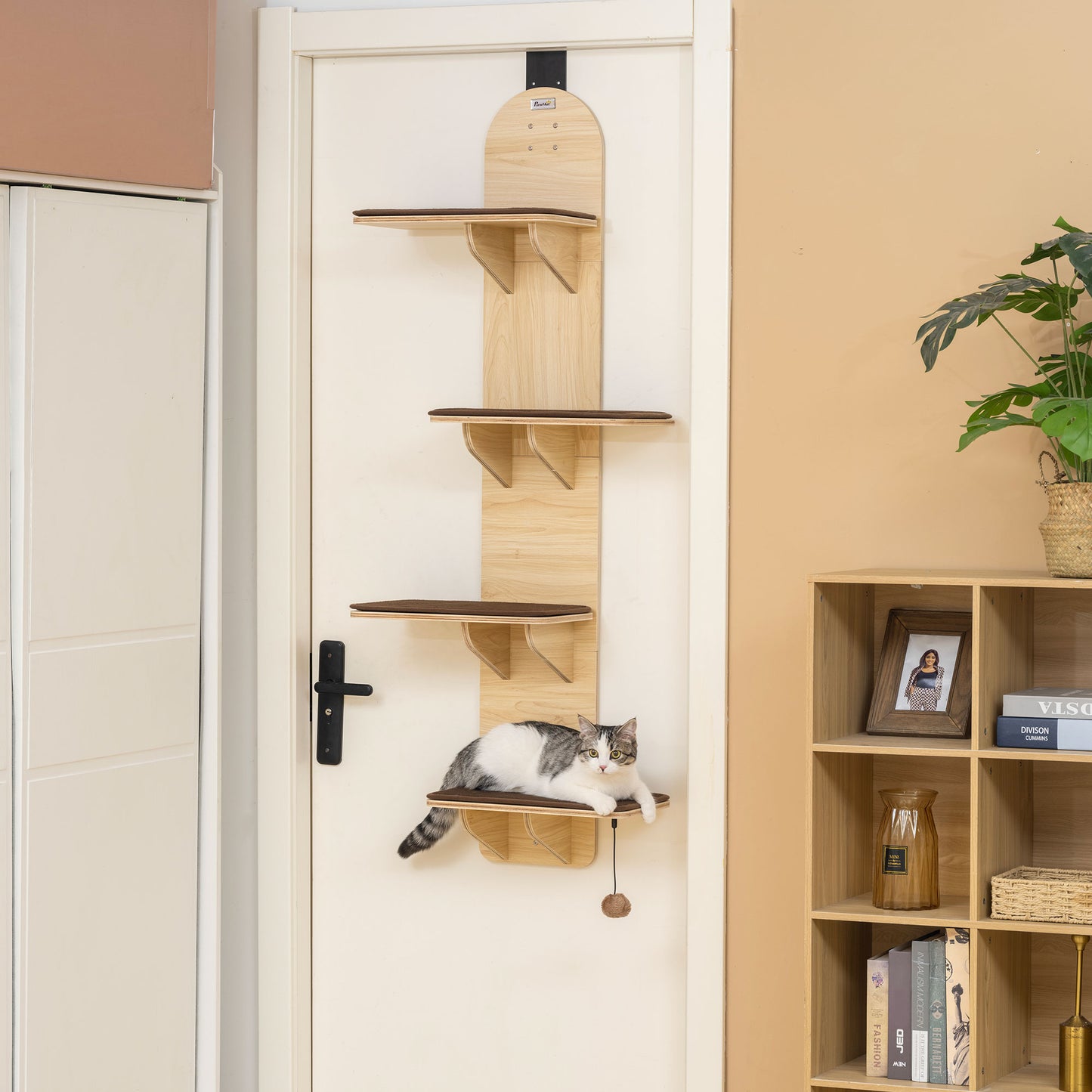 4-Level Door Mounted Cat Tree with Washable Plush Mats, Toy Balls, Door Hanging Cat Shelf for Indoor Cats