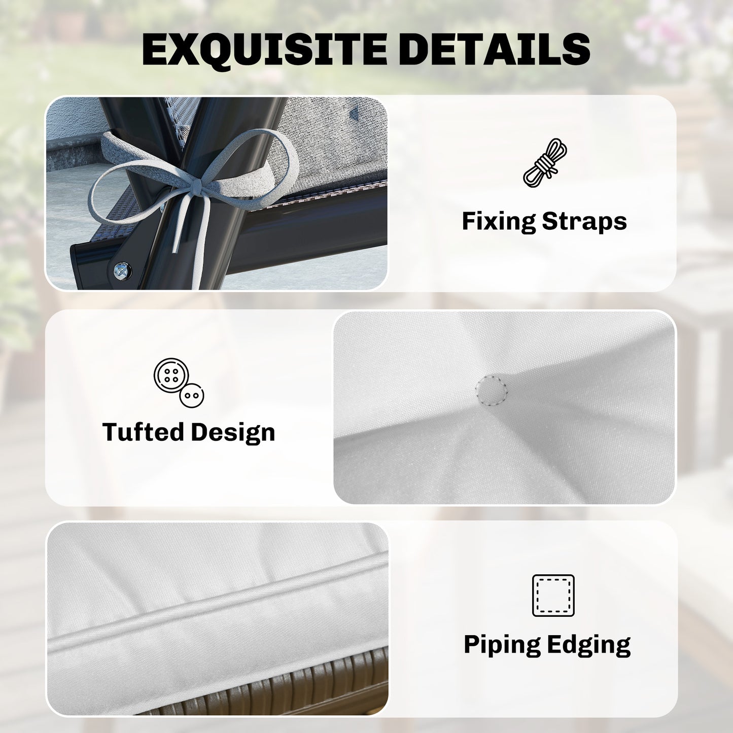Set of 4 Garden Seat Cushion with Ties, 42 x 42cm Replacement Dining Chair Seat Pad, Light Grey