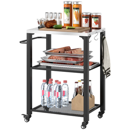 Three-Shelf Outdoor Grill Cart with Stainless Steel Top, Outdoor Kitchen Island with 4 Wheels, 3 Hooks