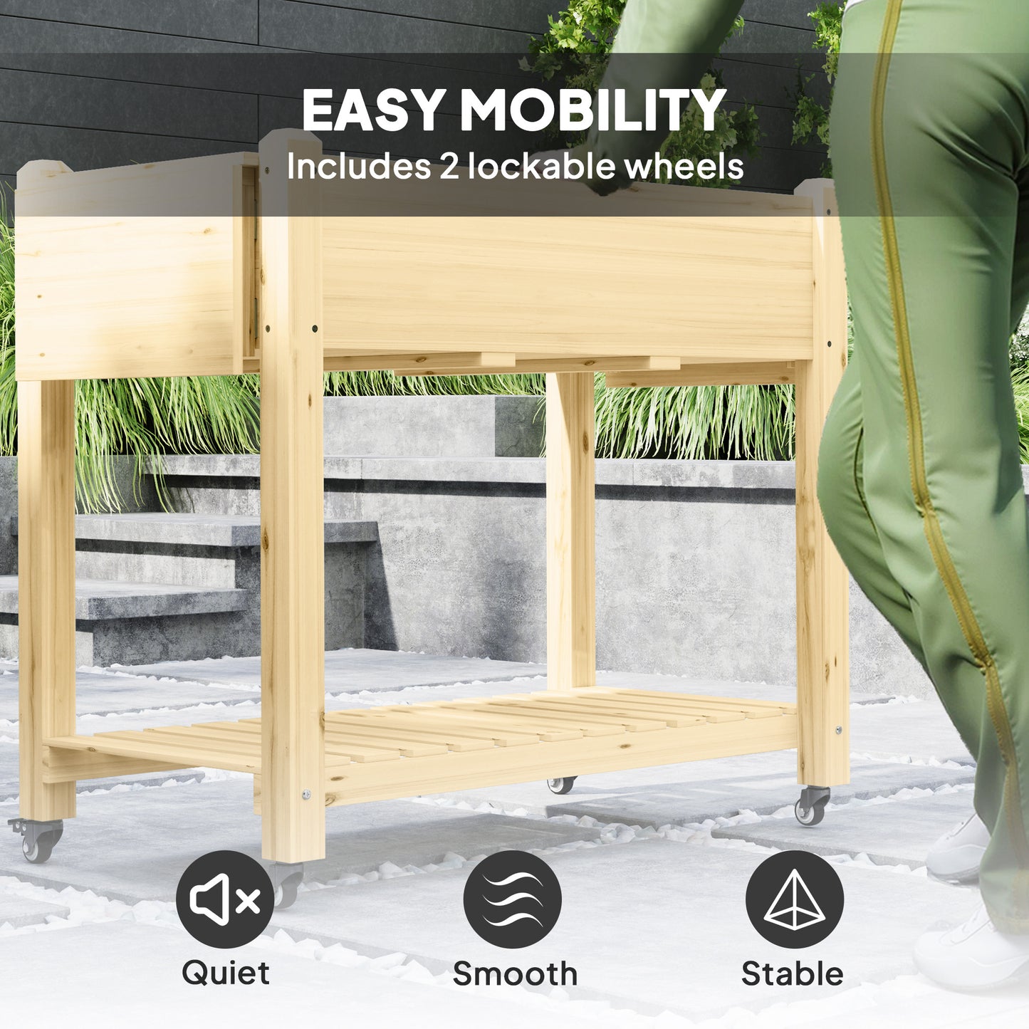 46 x 94cm Wooden Raised Planter, with Shelves - Natural Finish