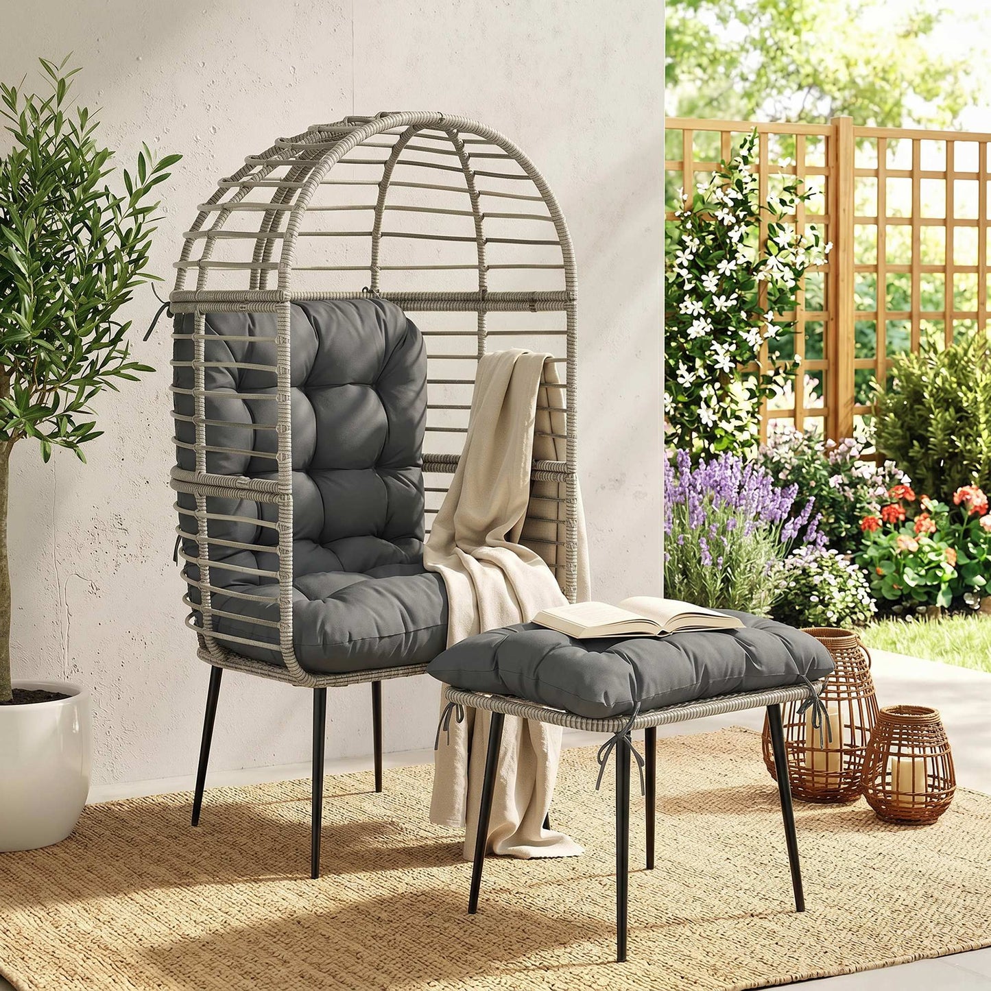 Garden Egg Chair with Footstool, Rattan Indoor Outdoor Lounge Chair and Ottoman Set with Thick Cushions, Light Grey
