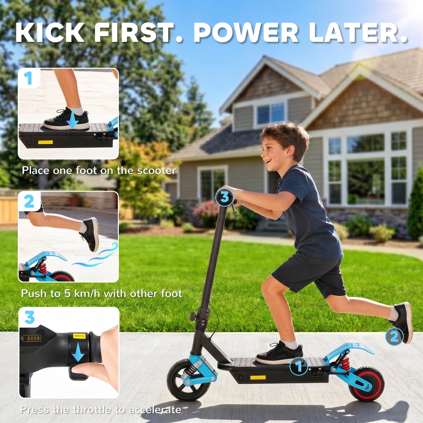 Foldable Kids Electric Scooter with LCD Display, Dual Shock Absorption, Up to 15 KM/H, Max Range 6 KM for Age 6-14, Blue