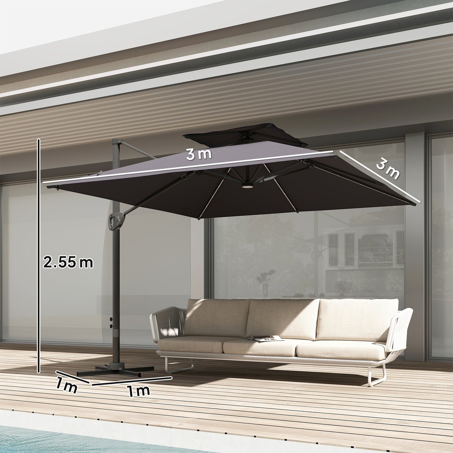 3.5x3 m Garden Cantilever Parasol with Solar LED Lights and Centre Light, Aluminium Large Square Patio Umbrella