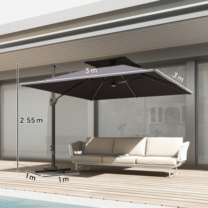 3.5x3 m Garden Cantilever Parasol with Solar LED Lights and Centre Light, Aluminium Large Square Patio Umbrella
