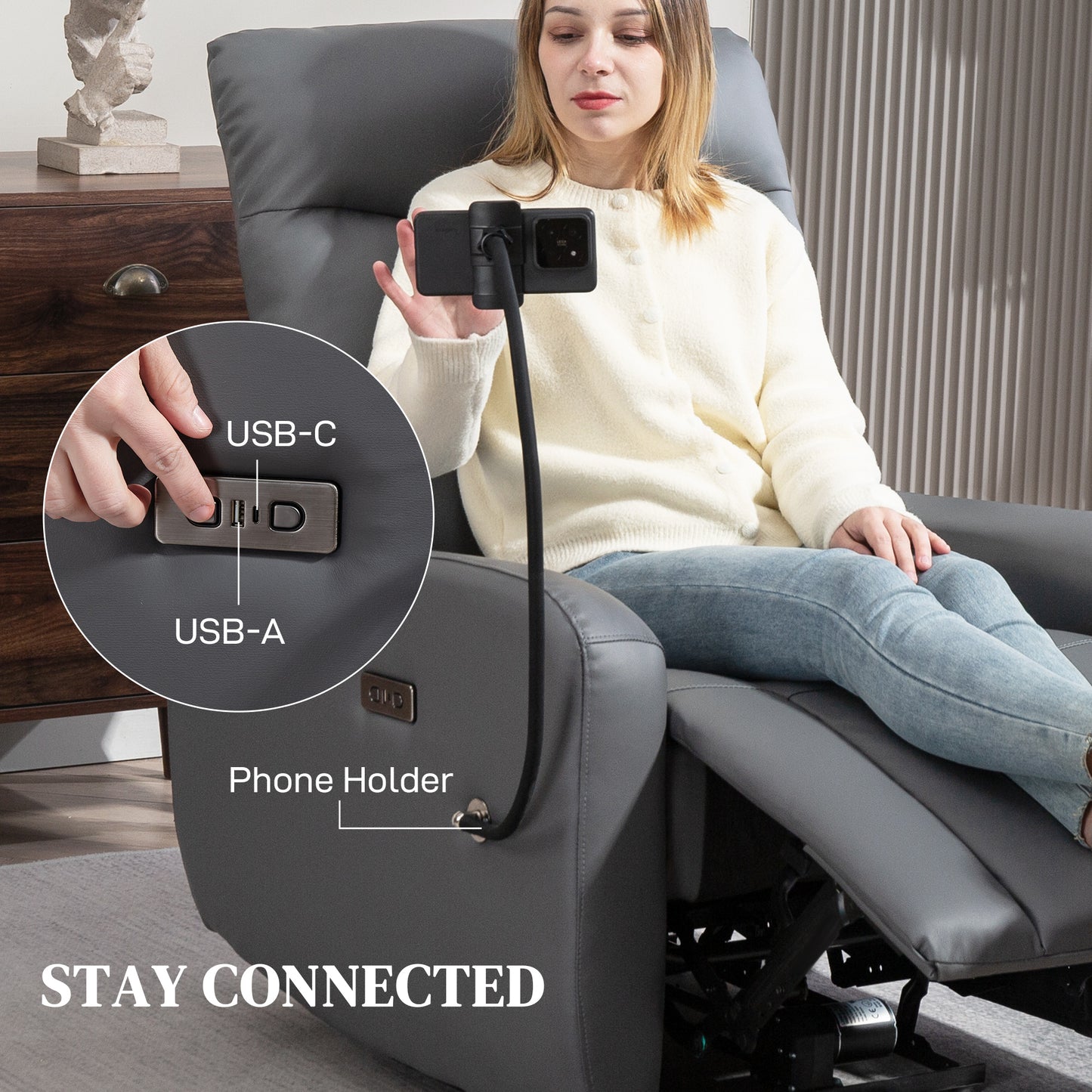 Electric Recliner Armchair with USB + Type C Charge Port, Phone Holder, PU Leather Reclining Chair with Adjustable Leg Rest