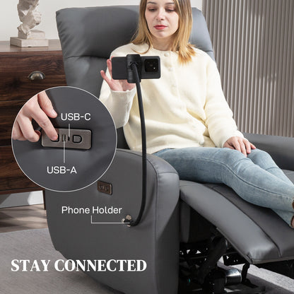 Electric Recliner Armchair with USB + Type C Charge Port, Phone Holder, PU Leather Reclining Chair with Adjustable Leg Rest