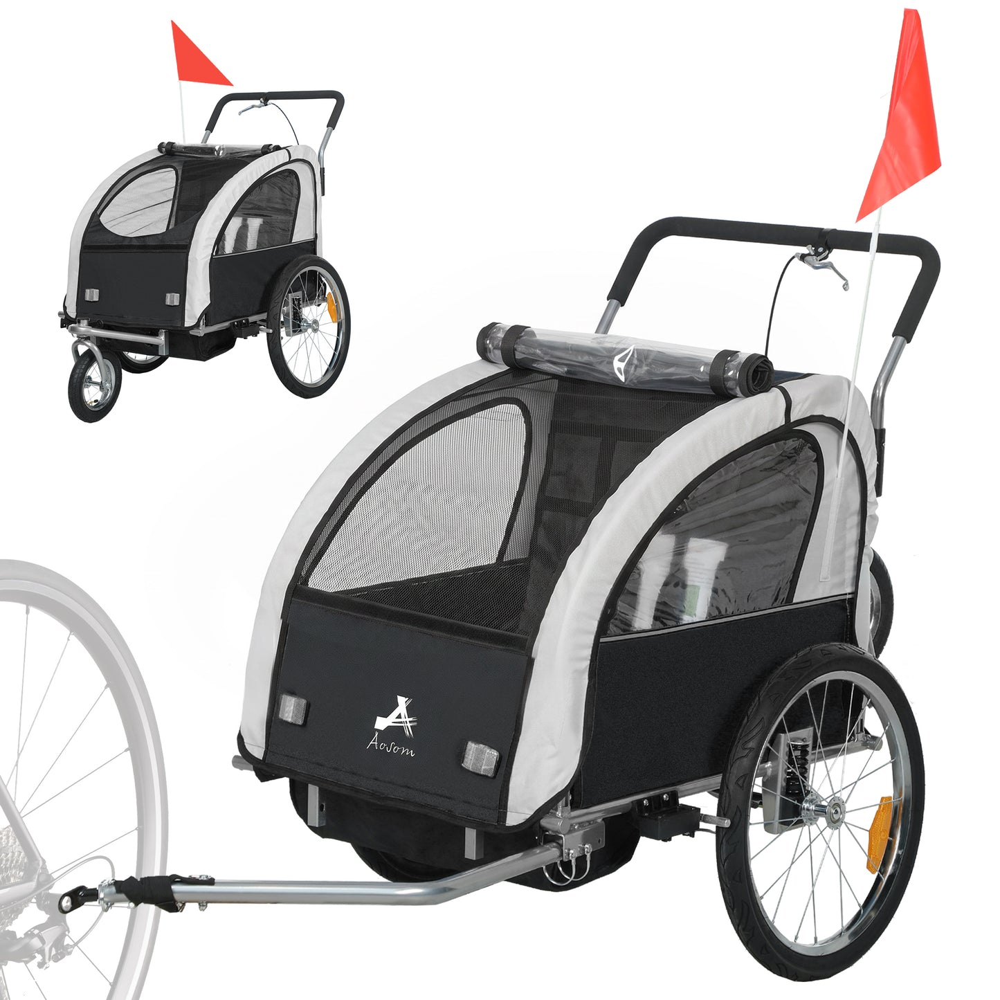 2 Seat Bike Trailer with 5 Point Harness, Baby Bike Stroller with Safety Flag, Reflectors, for 18+ Months, Black