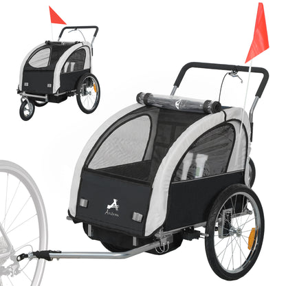 2 Seat Bike Trailer with 5 Point Harness, Baby Bike Stroller with Safety Flag, Reflectors, for 18+ Months, Black