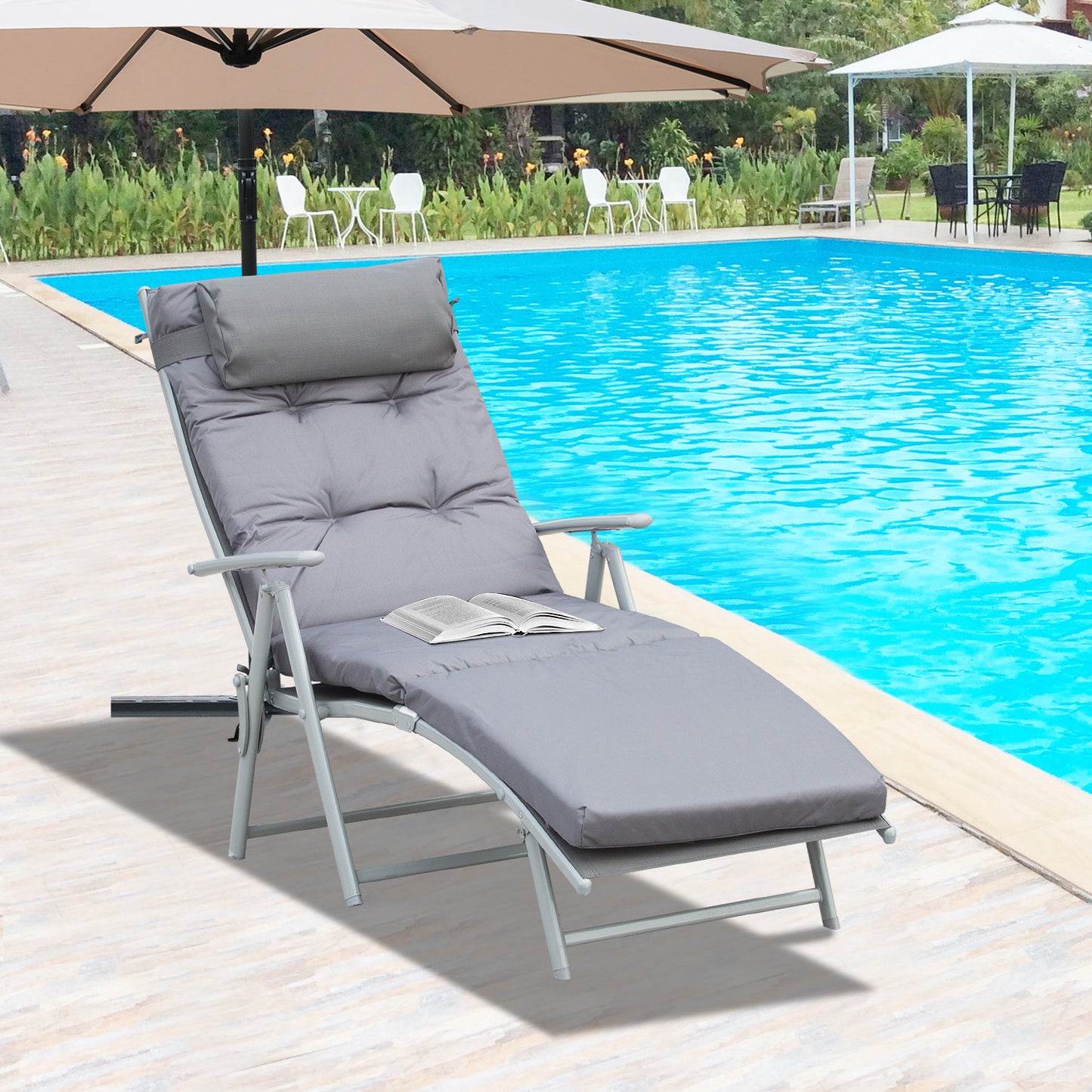 Steel Frame Outdoor Garden Padded Sun Lounger w/ Pillow Grey