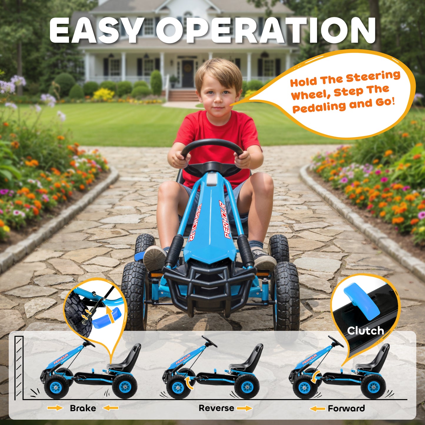 Kids Pedal Go Kart with Adjustable Seat, EVA Tyres, Manual Clutch, Brake, Go Kart for Kids 3-8 Years, Blue