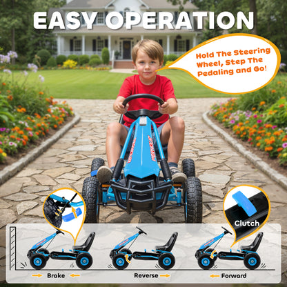 Kids Pedal Go Kart with Adjustable Seat, EVA Tyres, Manual Clutch, Brake, Go Kart for Kids 3-8 Years, Blue