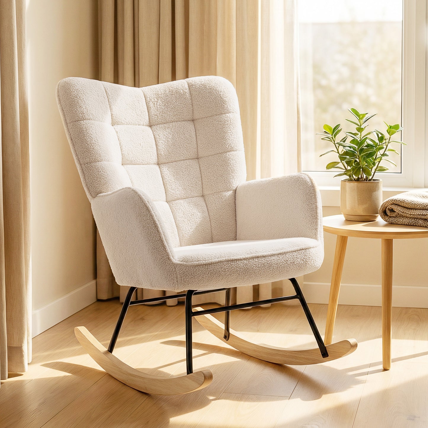 Berber Fleece Nursery Glider Rocker for Nursing, Wingback Rocking Chair for Living Room, Beige