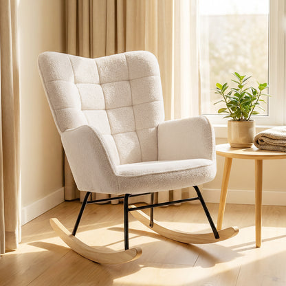 Berber Fleece Nursery Glider Rocker for Nursing, Wingback Rocking Chair for Living Room, Beige
