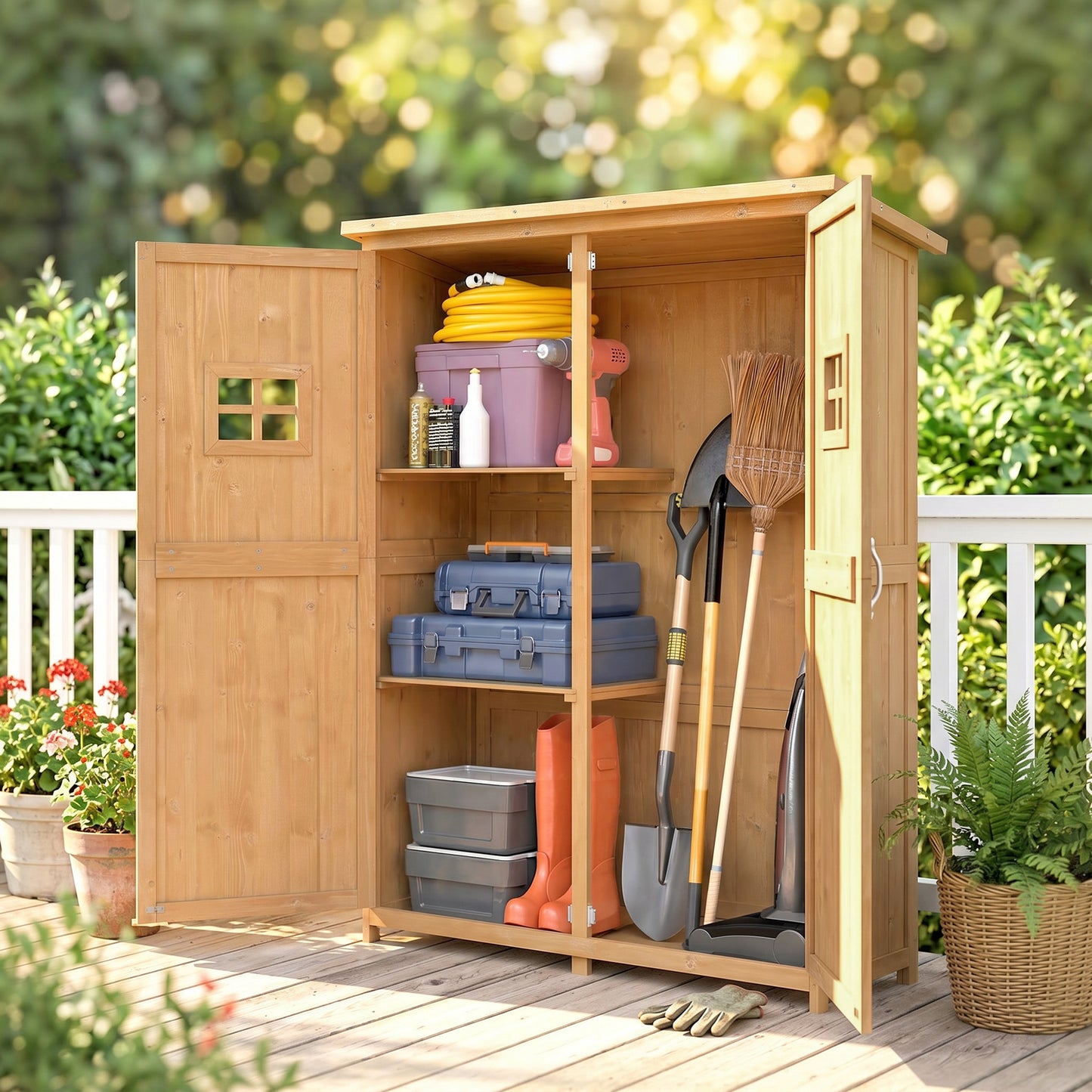 Wooden Garden Shed with Two Windows, Tool Storage Cabinet, Outdoor Double Door Organizer 127.5L x 50W x 164H cm, Natural