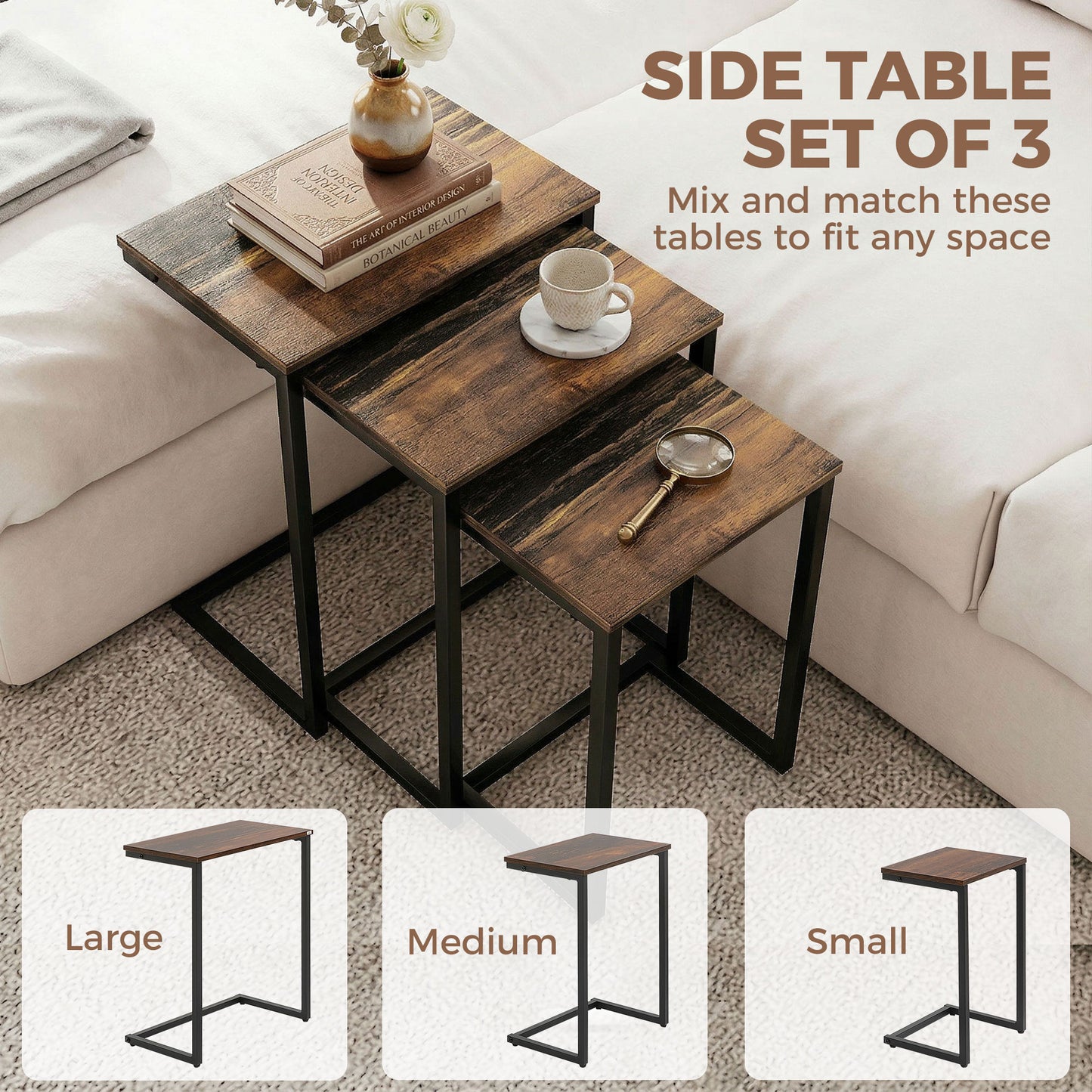 Nesting Side Tables Set of 3, C-Shaped Snack Side Tables with Steel Frame for Sofa Couch and Bed, Rustic Brown