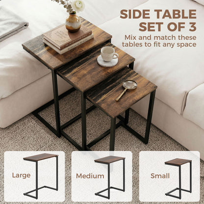 Nesting Side Tables Set of 3, C-Shaped Snack Side Tables with Steel Frame for Sofa Couch and Bed, Rustic Brown