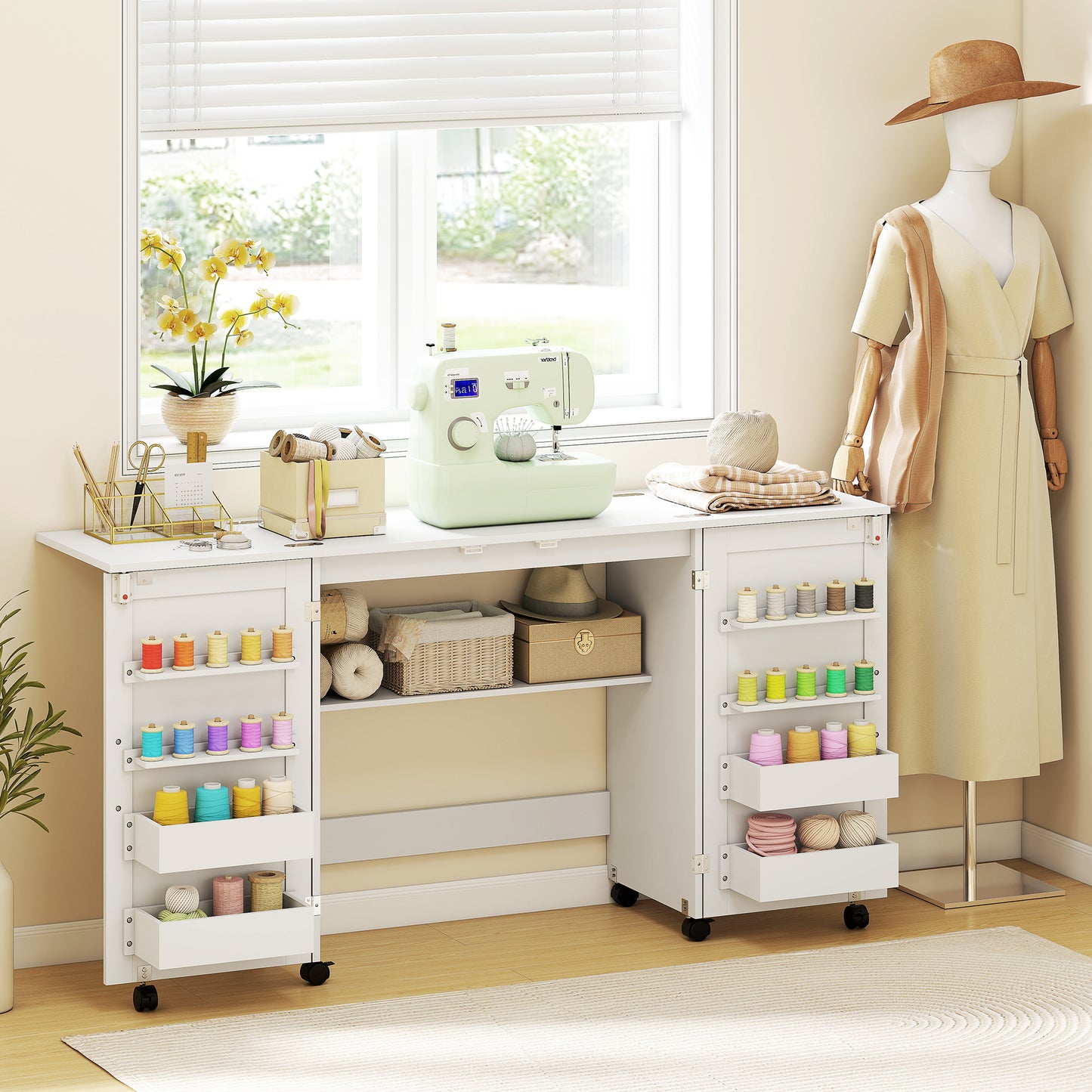 Folding Sewing Table with 2 Magnetic Doors, Storage Shelf, Lockable Wheels, Space Saving, White