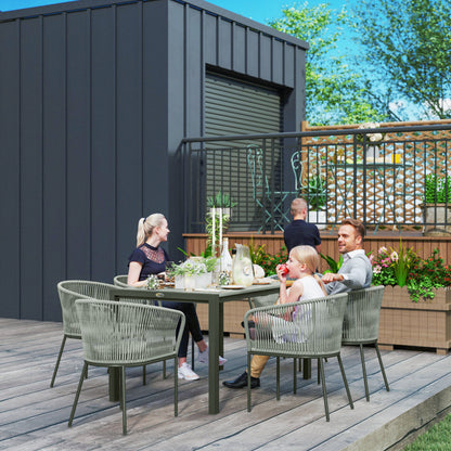Rattan Dining Set, 6 Seater Rattan Garden Furniture Set with Acacia Wood Top Rectangle Table, 6 Chairs