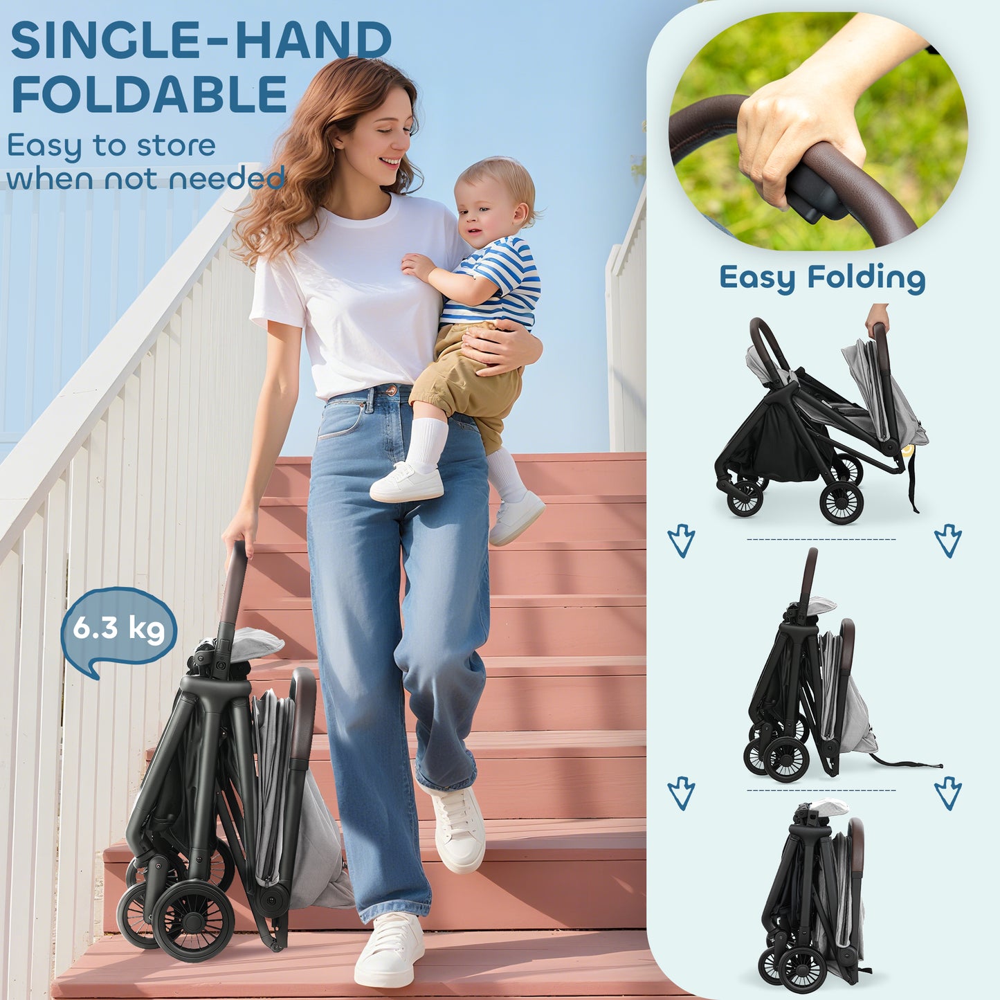 Foldable Baby Stroller with Adjustable Seat, 5-Point Harness, Canopy, Basket, 6.3kg Lightweight & Compact, Light Grey