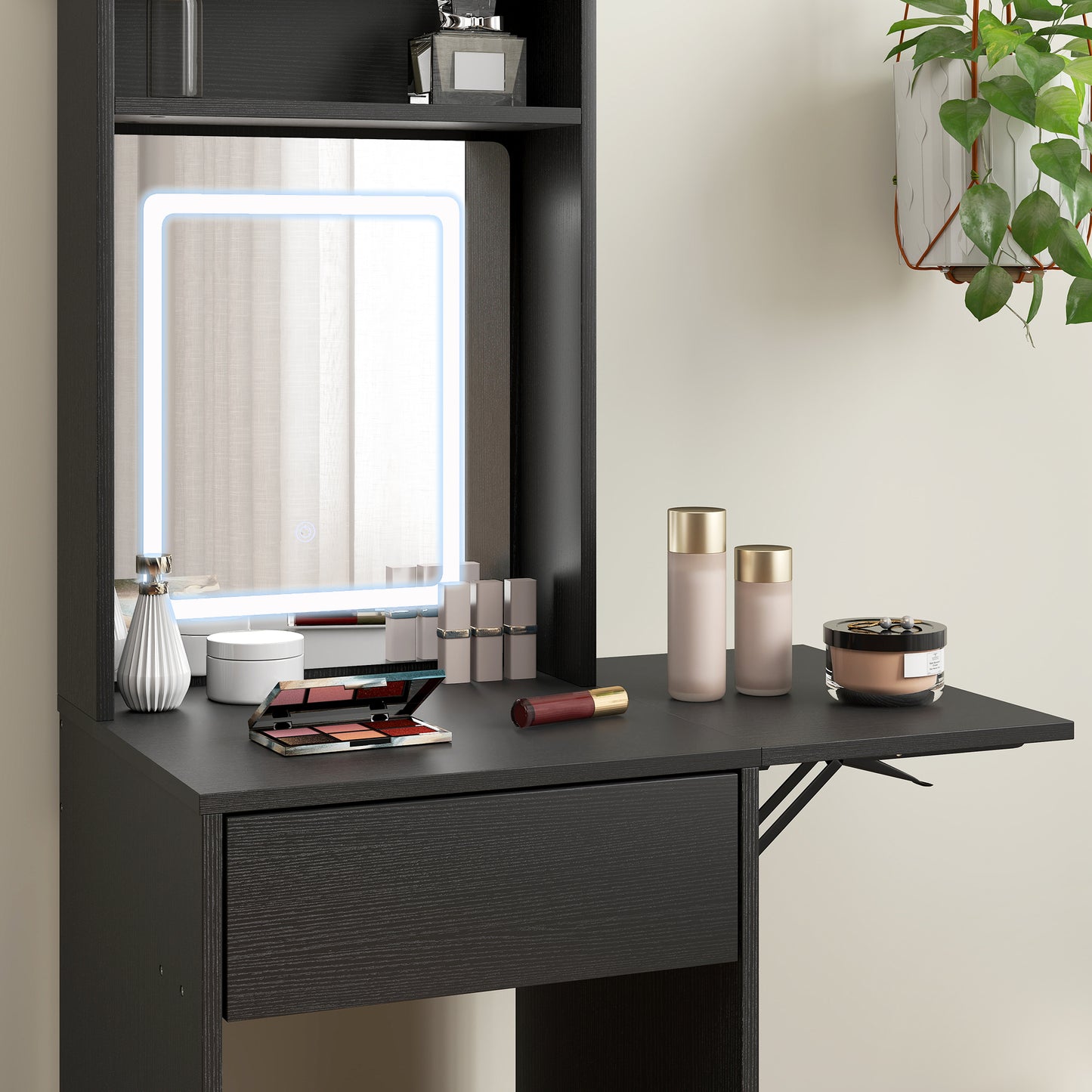 Small Vanity Desk with Mirror and LED Lights, Compact Dressing Table with Drop Leaf, Open Shelves and Drawer, Black