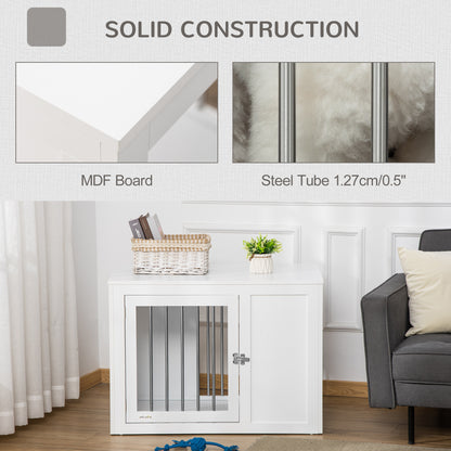 2-in-1 Dog Cage and Side Table, with Two Lockable Doors, for Medium Dogs - White