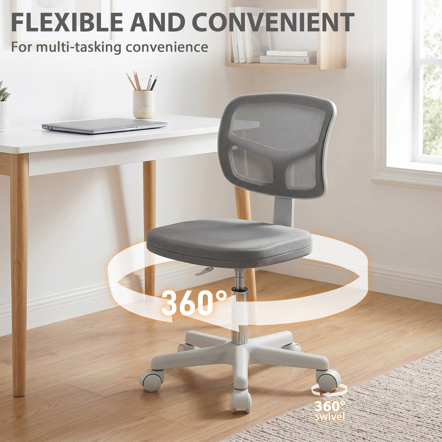 Small Office Chair without Arms, Ergonomic Swivel Mesh Desk Chair with Curved Back, Dark Grey