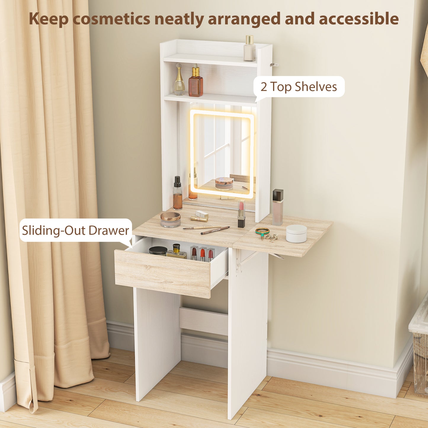 Small Vanity Desk with Mirror and LED Lights, Compact Dressing Table with Drop Leaf, Open Shelves and Drawer, White