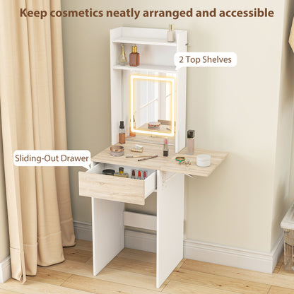 Small Vanity Desk with Mirror and LED Lights, Compact Dressing Table with Drop Leaf, Open Shelves and Drawer, White