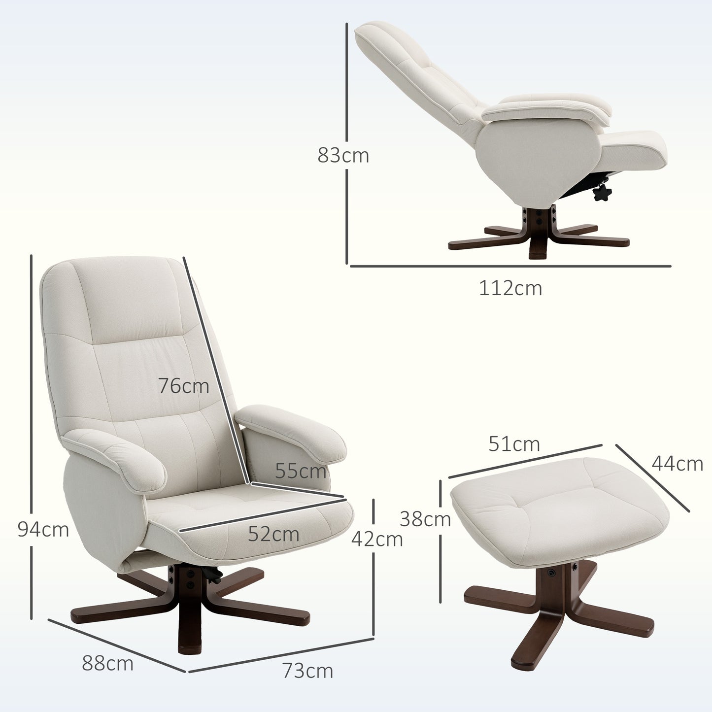 Linen Swivel Recliner Chair with Footstool, Upholstered Reclining Armchair with Wooden Base for Living Room, Beige