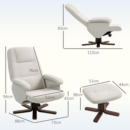 Linen Swivel Recliner Chair with Footstool, Upholstered Reclining Armchair with Wooden Base for Living Room, Beige