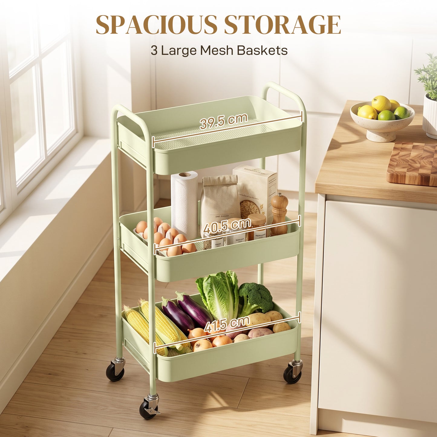 Three-Tier Steel Storage Trolley - Green