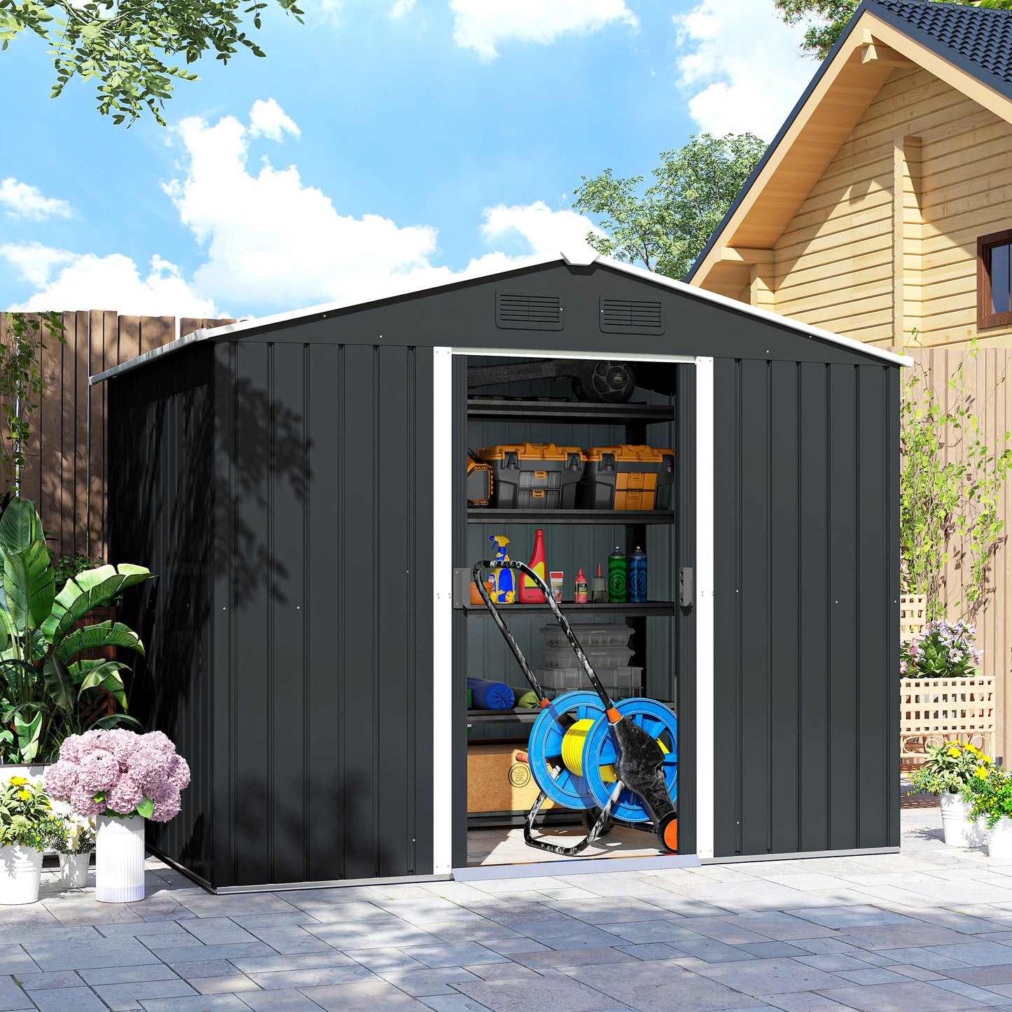 7.7 x 5.7ft Metal Garden Shed, Galvanised Outdoor Tool Storage House with Ventilation Slots and Sliding Doors, Grey