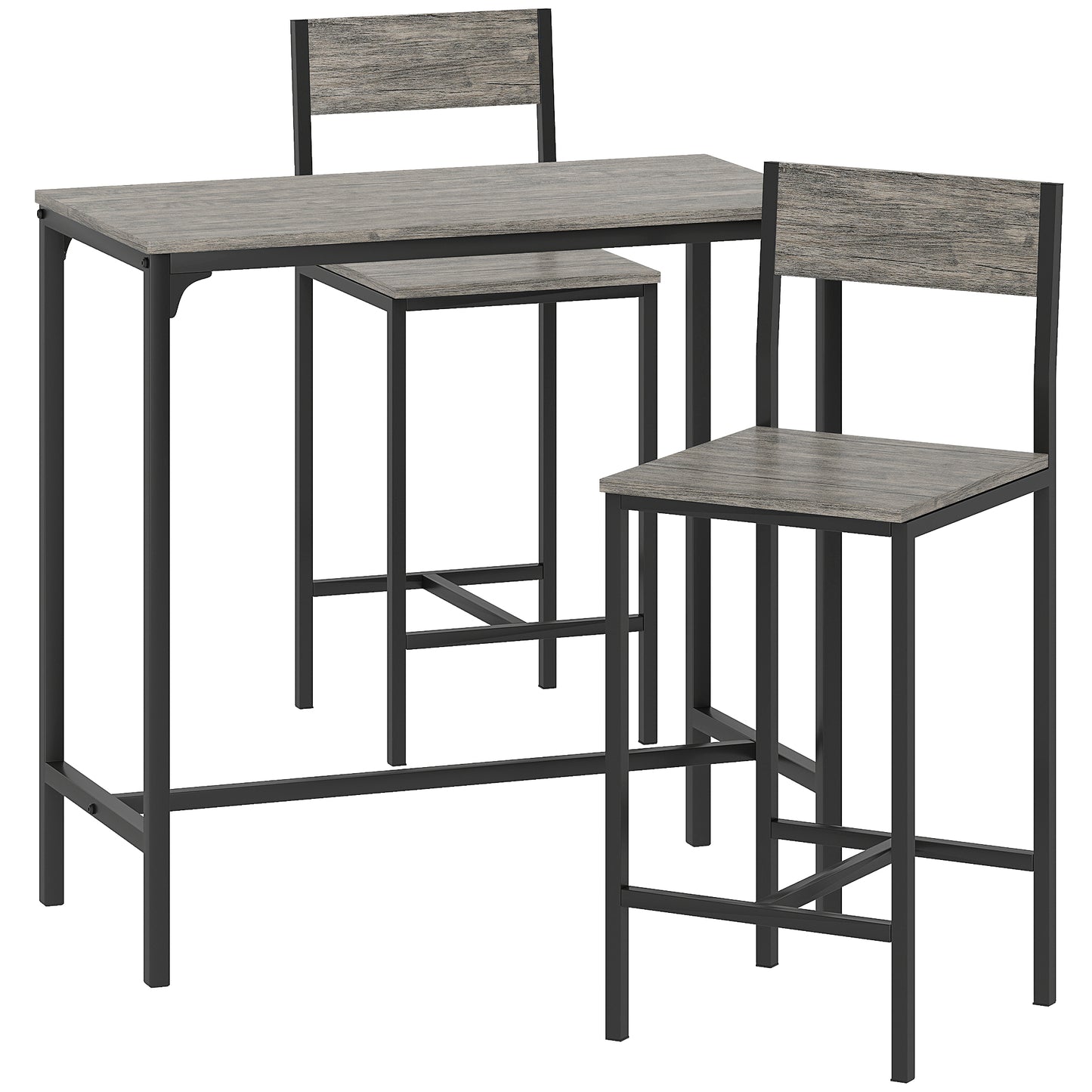 3-Piece Bar Table Set with 2 Stools, Industrial Breakfast Bar Set with Footrest, Backrest for Dining Room, Small Space