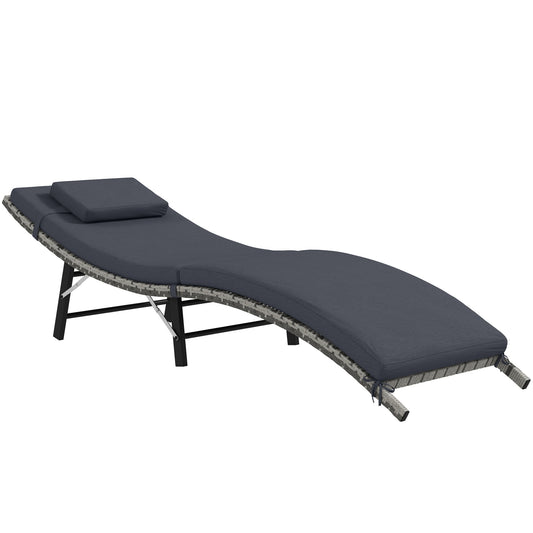 Rattan Folding Sun Lounger Outdoor Chair with Cushion and Pillow Grey