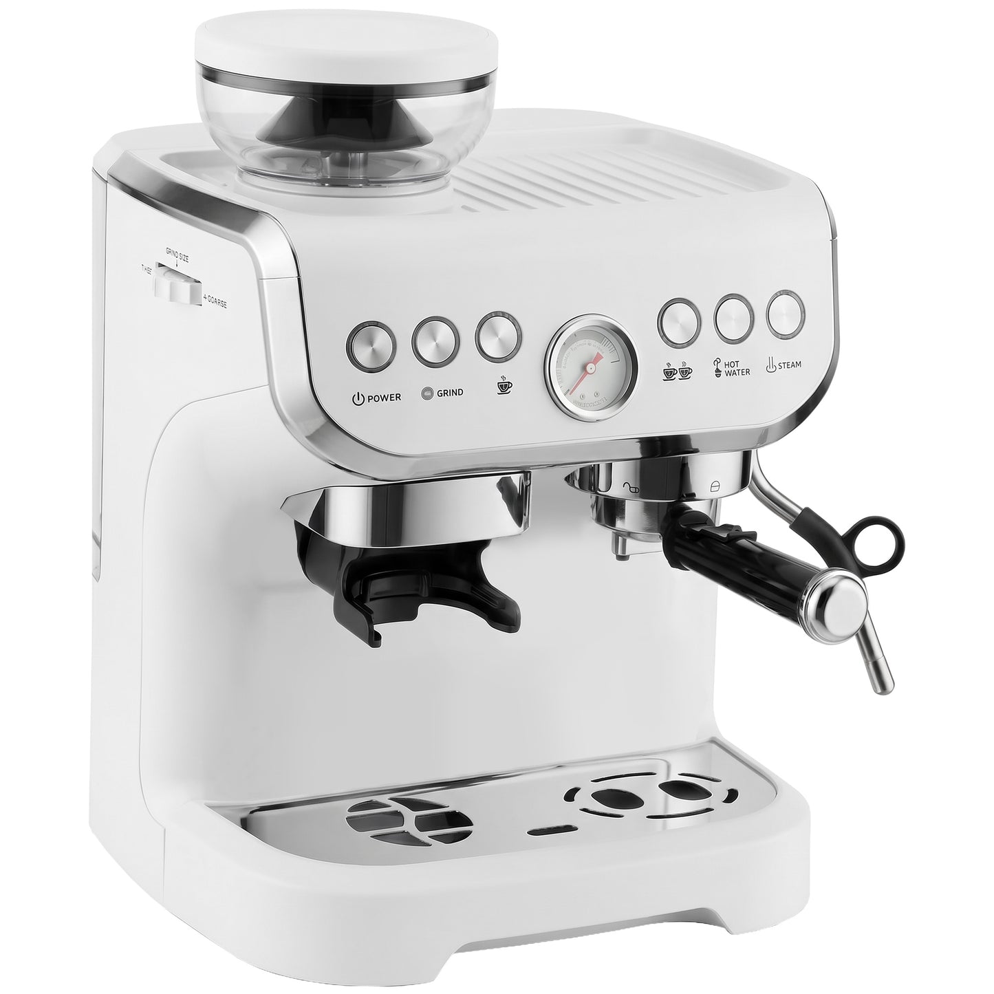 15 Bar Coffee Machine, with Adjustable Grind, Steamer and Accessories - White