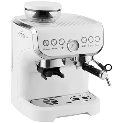 15 Bar Coffee Machine, with Adjustable Grind, Steamer and Accessories - White