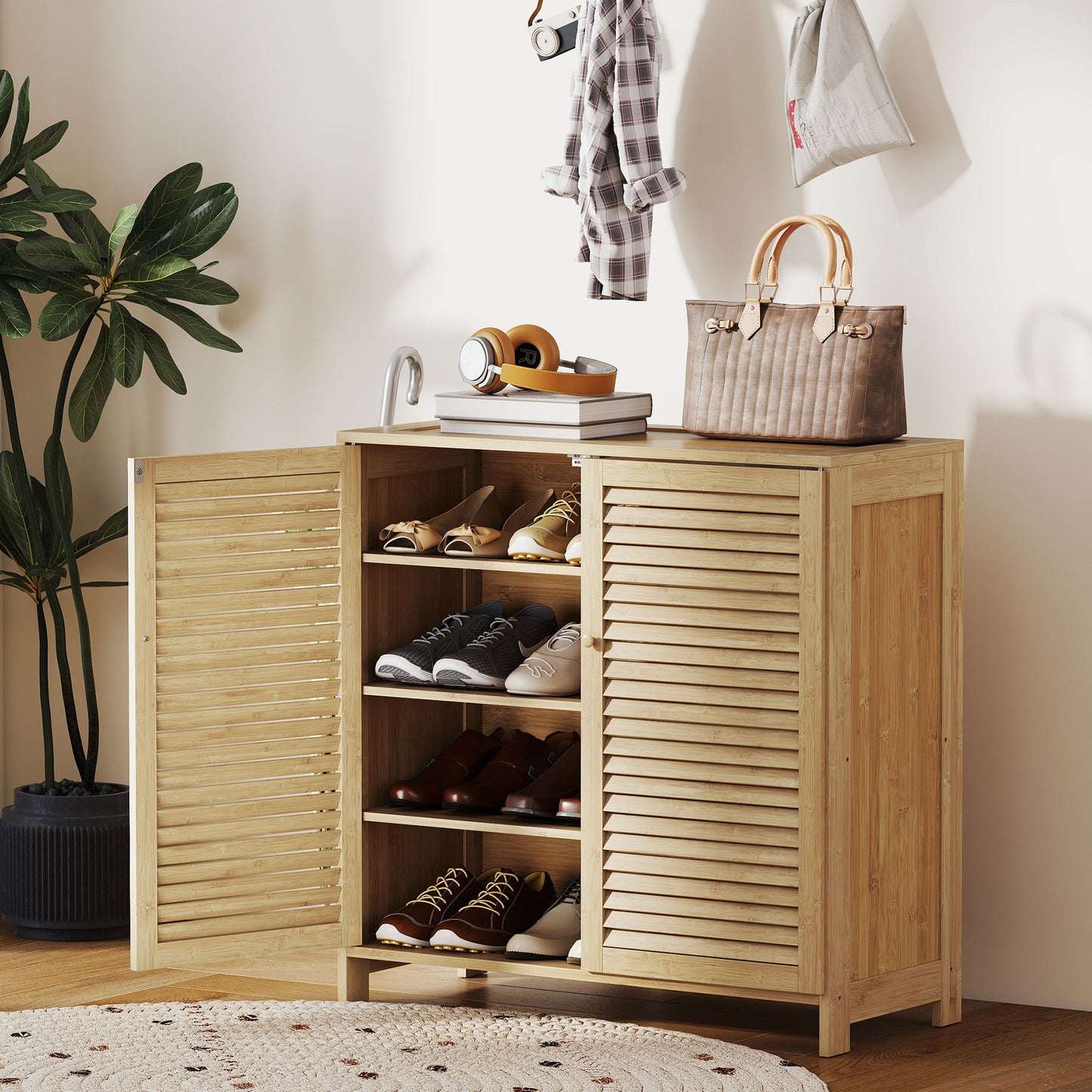 Bamboo Shoe Cabinet with Louvered Doors, 14 Pairs Shoe Storage Cabinet with Adjustable Shelves for Hallway, Natural