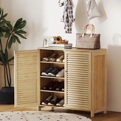 Bamboo Shoe Cabinet with Louvered Doors, 14 Pairs Shoe Storage Cabinet with Adjustable Shelves for Hallway, Natural