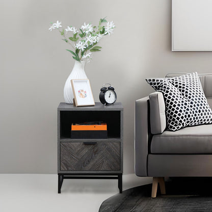 Bedside Table with Drawer and Shelf, Side End Table with Steel Legs for Living Room, Bedroom, Dark Grey
