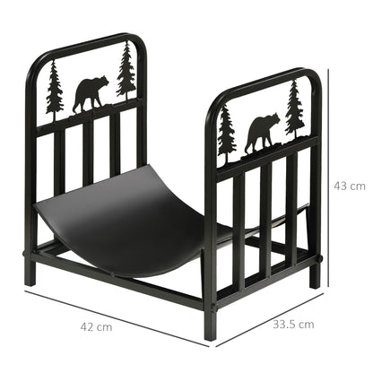 Metal Firewood Log Holder Indoor Outdoor Firewood Rack Inner Arced Fireplace Wood Storage Shelf w/ Bear Shape Design