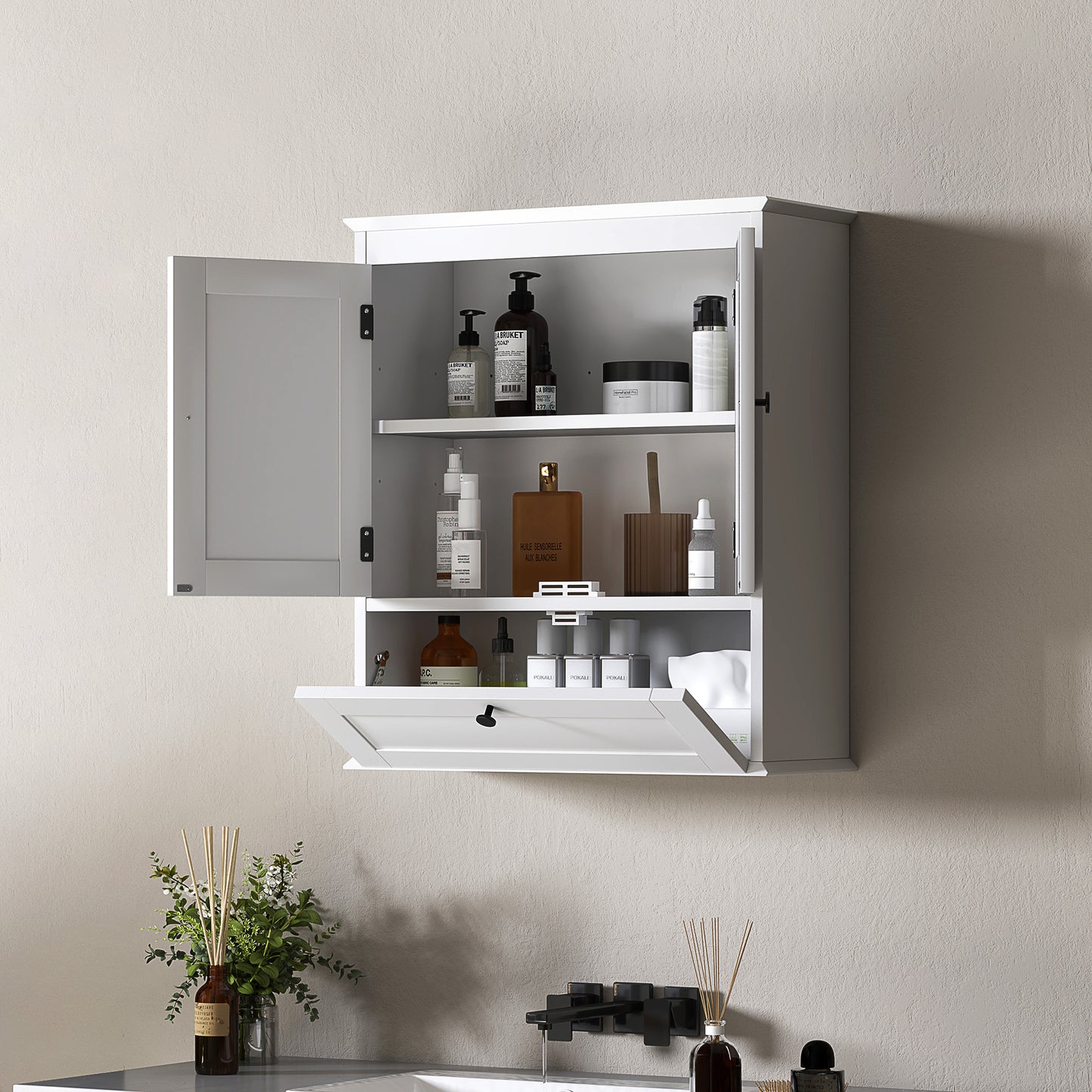 Bathroom Wall Cabinet with Adjustable Shelf and Recessed Doors, White