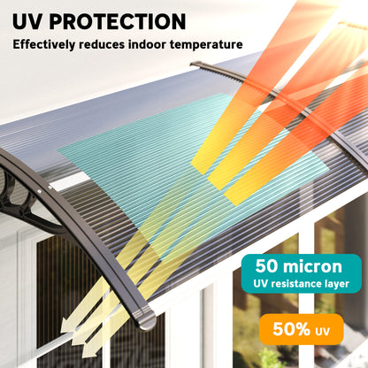 Front Door Canopy Outdoor Awning Aluminium Rigid Plastic Polycarbonate Rain Shelter UV Water Rain Resistant 196 x 75cm Black
