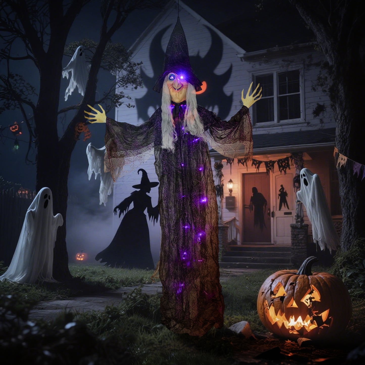 183 cm Life Size Halloween Animated Hanging Witch with Glowing LED Eyes & Body, Spooky Witch Scary Halloween Decorations