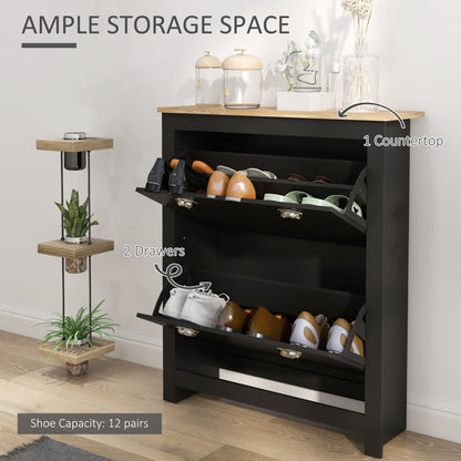 2 Drawer Shoe Cabinet Modern Narrow Shoe Cupboard Hallway Wooden Storage Organiser with Flip Doors Adjustable Shelf for 6-12