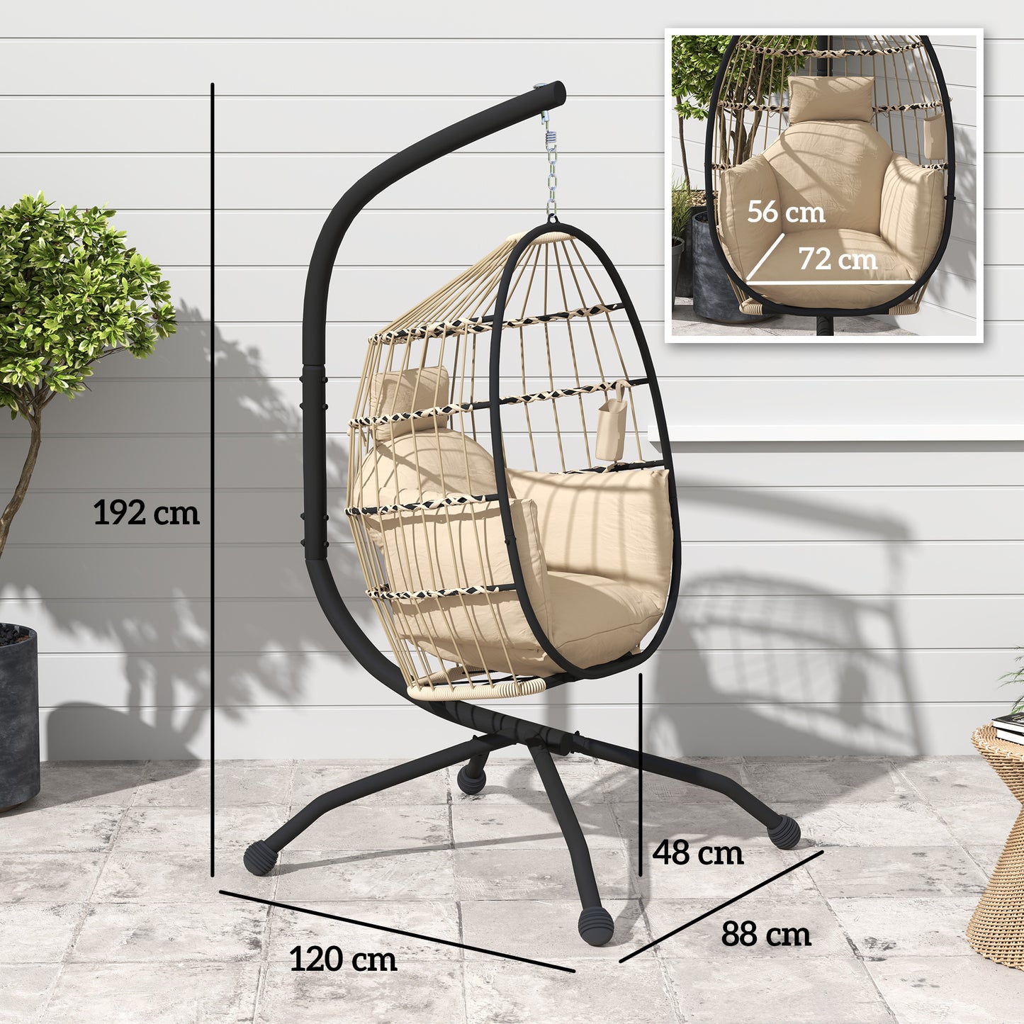 Hanging Egg Chair Outdoor Indoor Garden Swing Chair with Folding Basket and Thickened Cushion