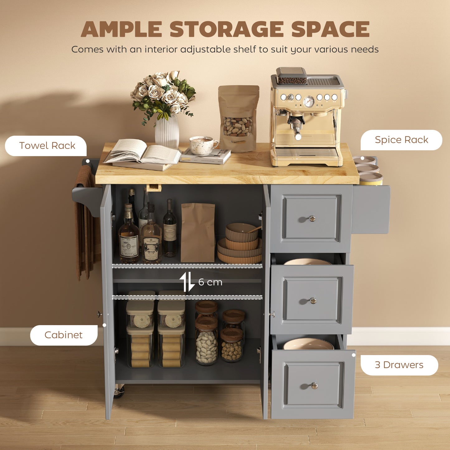 Kitchen Island on Wheels, Rolling Kitchen Storage Trolley with Drop Leaf, Drawers, Towel and Spice Rack, Grey
